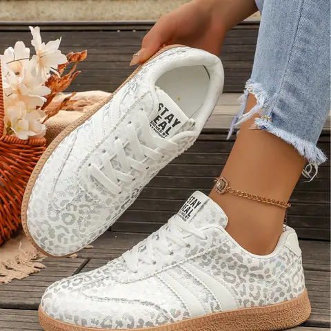 Women Leopard Print Gold Foil Casual Sneakers Lifestyle Shoe Trainer Retro German Training Style Lace Up Flat Shoes for Daily Wear