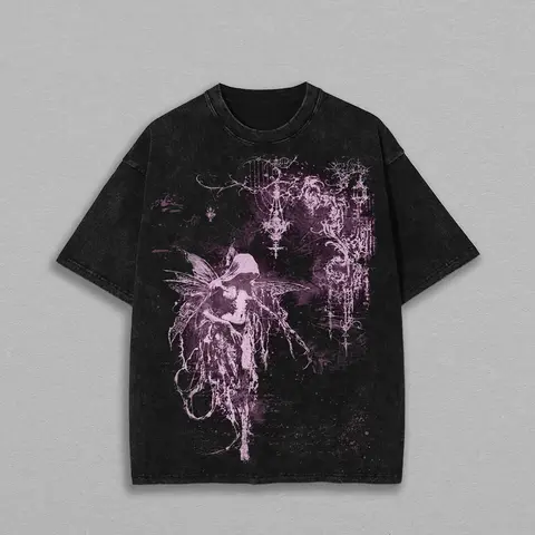 Men's Distressed Fairy Graphic Vintage Alt T-Shirt - Menswear Top, Round Neck, Short Sleeve, Casual, Dark Fairycore, Gothic Fantasy Aesthetic, Purple Grunge, Everyday Fit, Festive Alt Clothes, Father's Day Gift