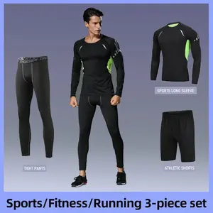 Men's Long Sleeve Compression Tee & Leggings & Reflective Shorts Tracksuit Set, Breathable Quick Drying Sportswear Set for Running Basketball Hiking Training