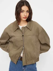 Cider Suede Collar Zip Through Oversized Jacket