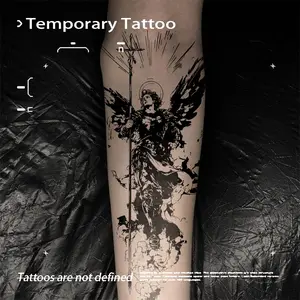 Dark Archangel Michael Herbal Juice Temporary Tattoo Sticker Waterproof Long Lasting Non-reflective Vintage Comic Style Realistic Fake Tattoo Ins Premium Arm Calf Tattoo Sticker