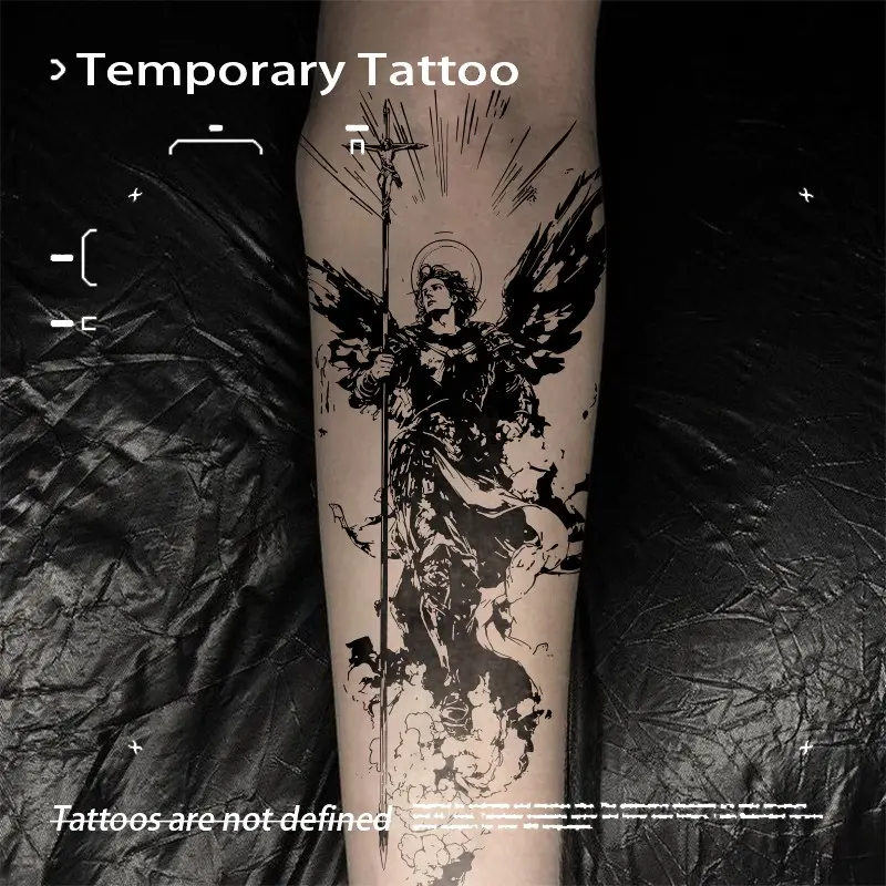 Dark Archangel Michael Herbal Juice Temporary Tattoo Sticker Waterproof Long Lasting Non-reflective Vintage Comic Style Realistic Fake Tattoo Ins Premium Arm Calf Tattoo Sticker