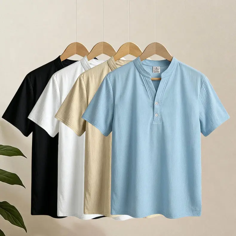Men’s Linen-Look Henley Top, Short Sleeve Button Neck Resort Shirt, Casual Summer Wear