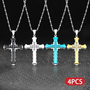 4-Piece Gothic Cross Necklace Set - Unisex Dark Knight Pendant with Ball Chain, Perfect for Men & Women, Stylish Party & Everyday Jewelry Gift Cuban Link Design