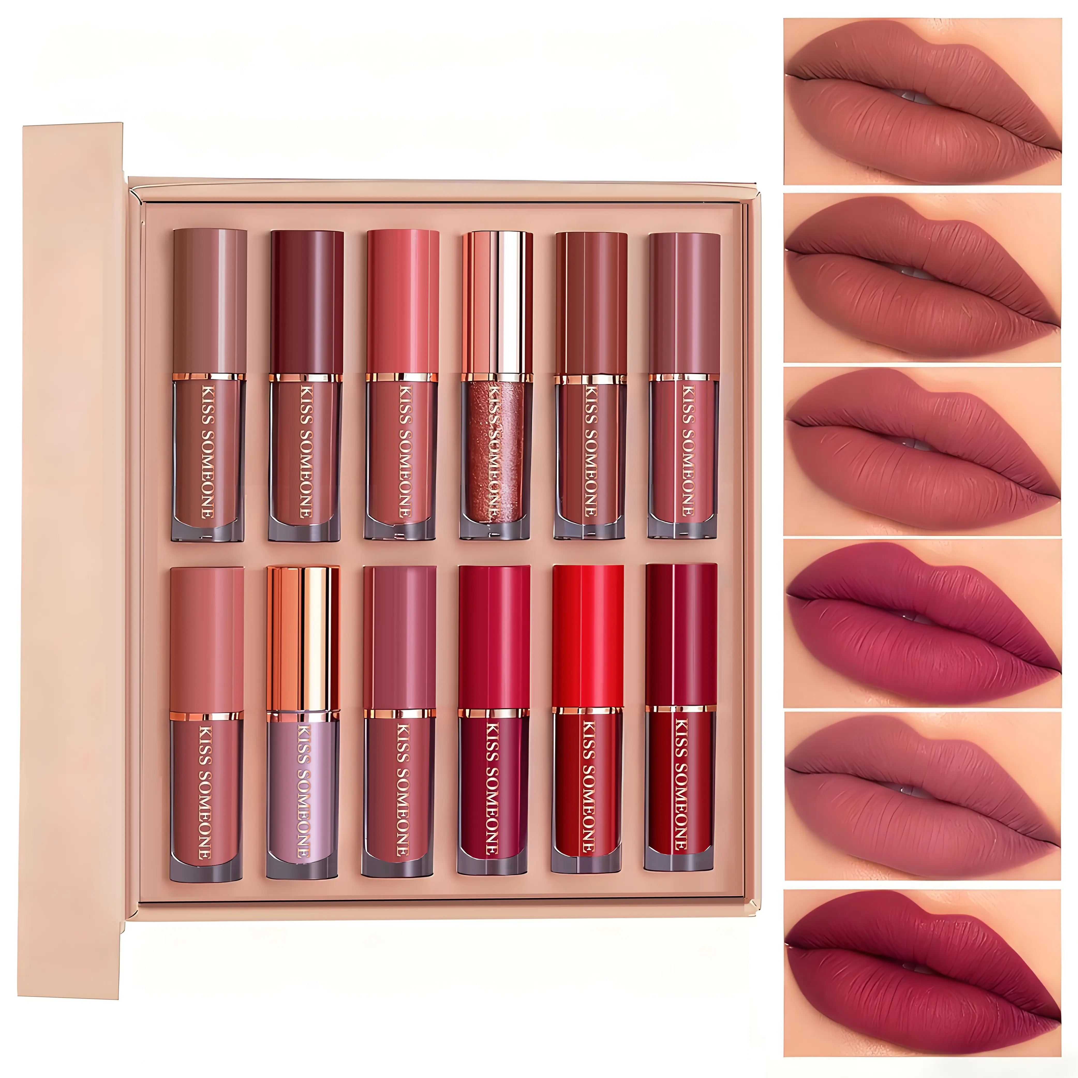 12-Piece Lipstick Set. Long-lasting waterproof formula, non-transfer. Suitable for all skin types. Matte liquid lipsticks infused with plant-derived squalane. Diverse shades including a range of pinks and reds.