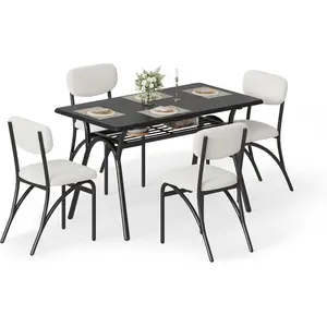Dining Table Set for 4, Kitchen Table with Boucle Chairs for 4, Modern Rectangular Dining Table with Storage Rack for Small Space