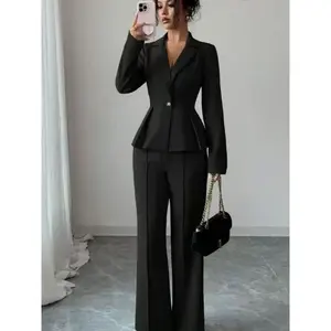 Women’s two-piece set featuring a black formal lapel, multi-button design, pleated waist, high-waisted trousers with long legs; suitable for all seasons, ideal for daily wear, events, and other occasions. GARMENTARY