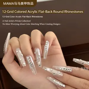 MAMA 12-Grid Colored Acrylic Flat-Back Round Rhinestones 3MMx3MM Shiny Crystals for DIY Nail Art Tumblers Makeup & Craft Decor