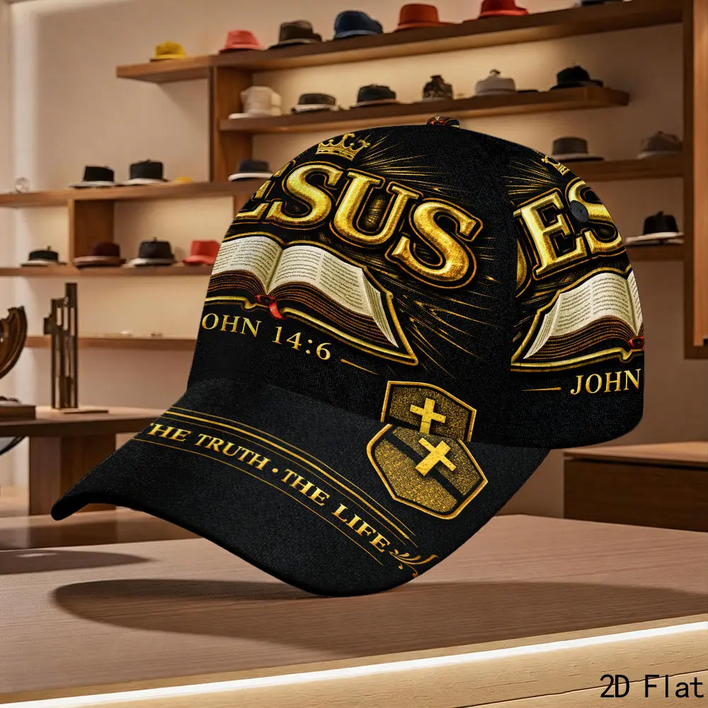 John 14:6 Cap - The Truth The Life Design - 2D Flat Style - Black with Gold Accents