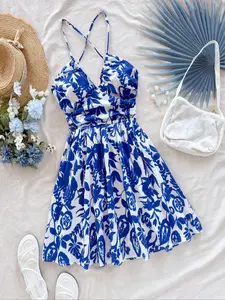 Women's Vacation-Style Blue & White Floral Print Deep V-Neck Backless Bowknot Back Ruffle Hem Dress, Suitable For Weddings, Graduations, Back To School, Cute Lunch, Sexy Bachelorette, Summer
