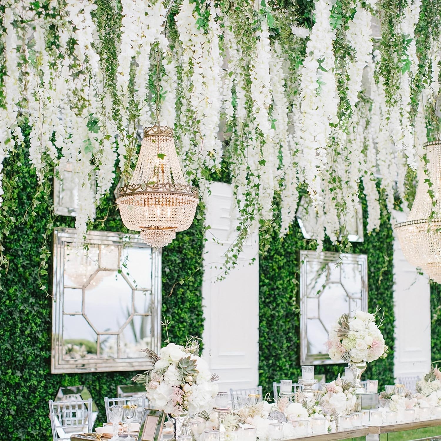 Dense Artificial Fake Wisteria Vine Ratta Hanging Garland 12Pcs 43.3 Inch/Piece Silk Flowers String Artificial Wisteria Flowers for Decorative Home Party Wedding Garden Decorations Artificial Flowers For Outside