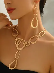 Middle Eastern Women's Iron Jewelry Set, Elegant Jewelry Set, Fashionable Geometric Hollow Irregular Design, Drop Shape Y Necklace & Earring Set, Accessories Set, Perfect for Holidays and Gifting