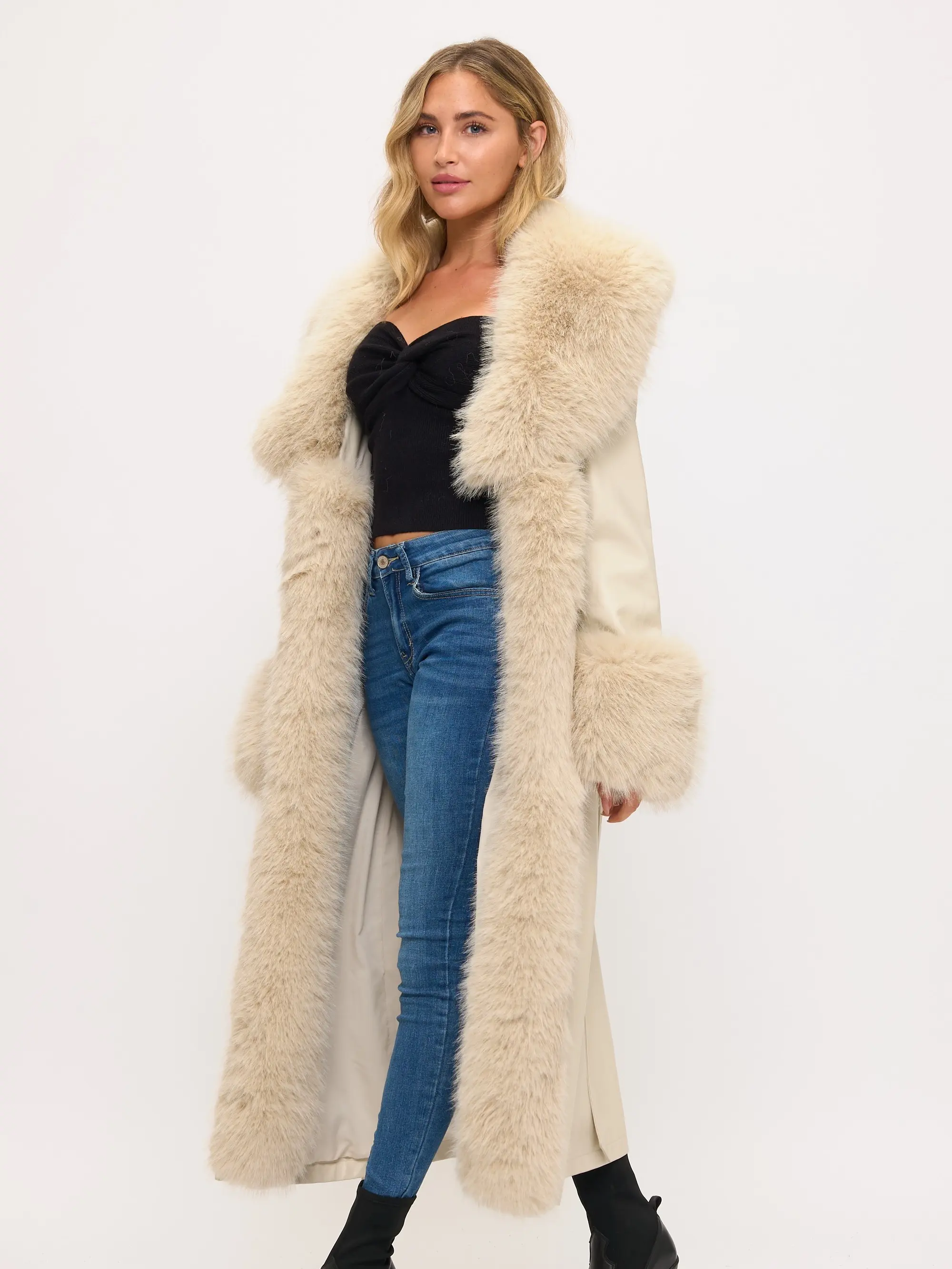 Jodi Faux Fur Leather Trench Coat