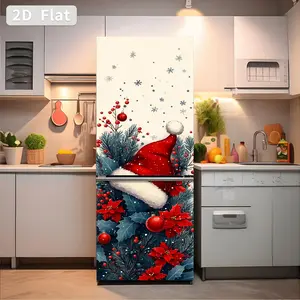 Christmas Hat & Poinsettia Theme Stickers, Self-Adhesive Removable Vinyl Wall Decals, 30x180 Cm, for Fridge Cabinet Home Decor, Kitchen Bathroom Decoration