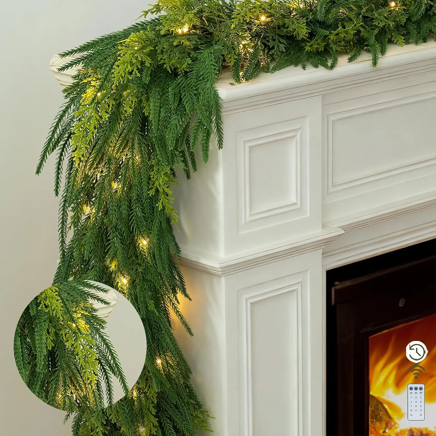 Christmas Norfolk Pine Garland: 6ft Pre-lit Real Touch Greenery Garland with 12 Lighting Modes for Mantle Staircase Front Door