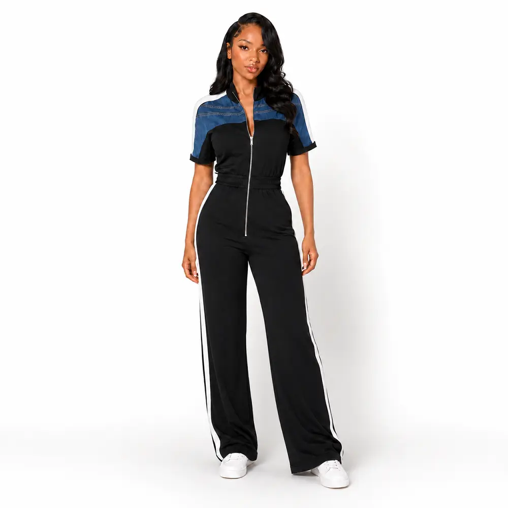 MOTIONKILLER Women's Sports Jumpsuit, Fashion Fitted Cut with Patchwork Side Stripe, Zip Front Polyester Blend Fabric, Machine Wash, Overalls