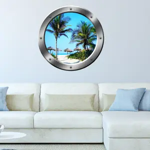 Tropical Beach Palapa Scene Silver Window Porthole Peel and Stick Wall Decal VWAQ - SP14