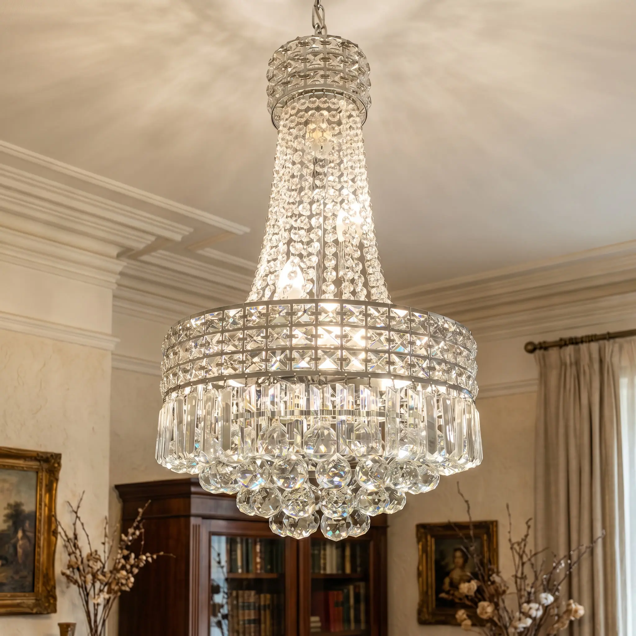 Modern Round Crystal Chandelier, 16.5-Inch E12 Dimmable Silver Crystal Chandelier for Dining Room/Corridor/Living Room