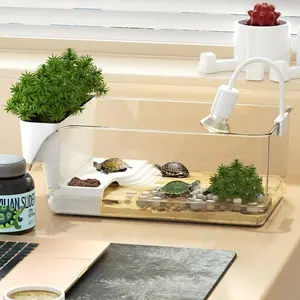 Compact turtle and crab aquarium, a desktop-sized ecosystem tank featuring an aquatic landscape and a basking area