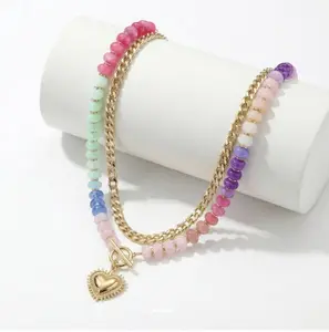 Dopamine Colorful Beaded Necklace Ethnic-Style Collarbone Chain with Stackable Heart Pendant for Stylish Looks and Versatile Jewelry