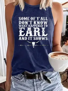 Women's Vintage Letter Print Round Neck Tank Top, Casual Sleeveless Graphic Top Fit for Summer, Ladies Clothes for Daily Wear, Socks