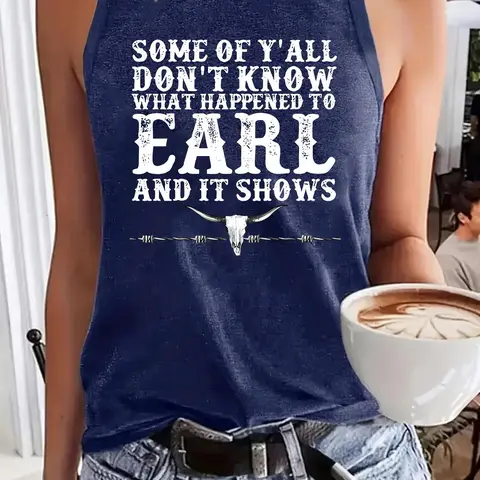Women's Vintage Letter Print Round Neck Loose Tank Top, Casual Sleeveless Knit Graphic Top Fit for Summer, Ladies Clothes for Daily Wear, Everyday, Socks, Fashion