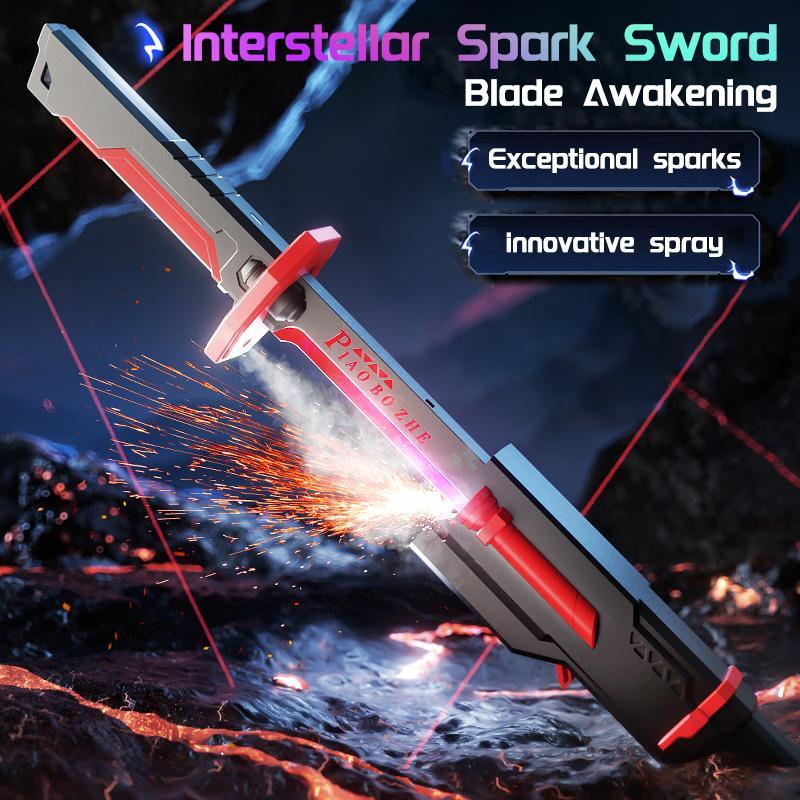 Spark-Effect Sword 31.5" LED Blade with Mist Smoke Auto-Eject Sheath Type-C Recharge Replaceable Flint Spark for Cosplay Ultimate Galaxy War Blade Electronic Toy