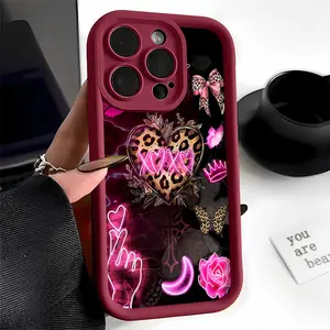 Leopard Heart Neon Pattern Case for iPhone 17 Pro Max 16 16e 15 14 Plus 13 12 Mini 11 Air X XS Pattern Soft TPU Rubber Camera Protection Rugged Mobile Phone Cover Gift 2D printing