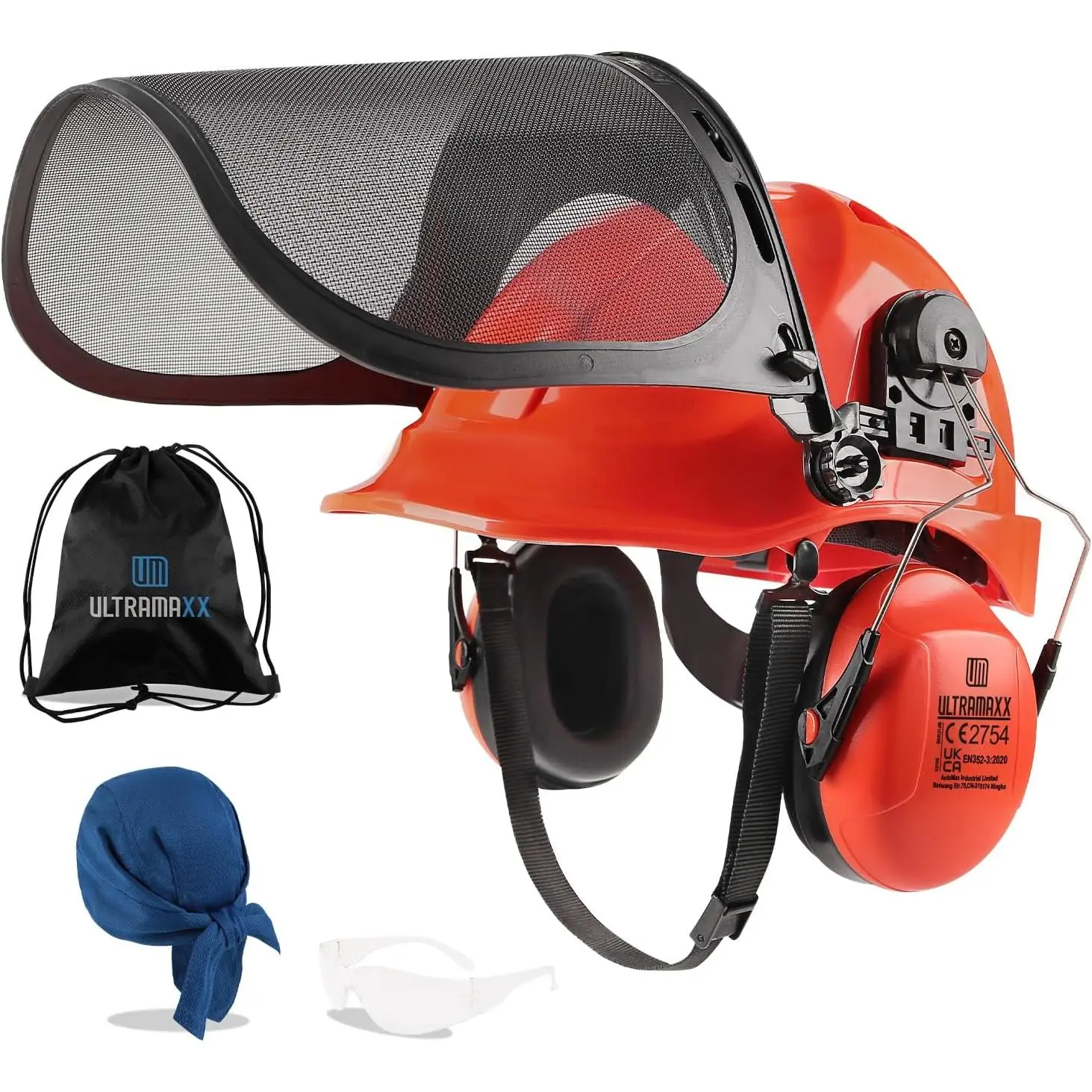 ANSI Z89.1 Approved 6-in-1 Chainsaw Helmet Kit with ABS Shell, Mesh Visor, Hearing Protection Ear Muffs, Comfortable Cooled Liner, Easy-Carry Design for Mowing, Landscaping, Orange (Arborist Safety Hard Hat)