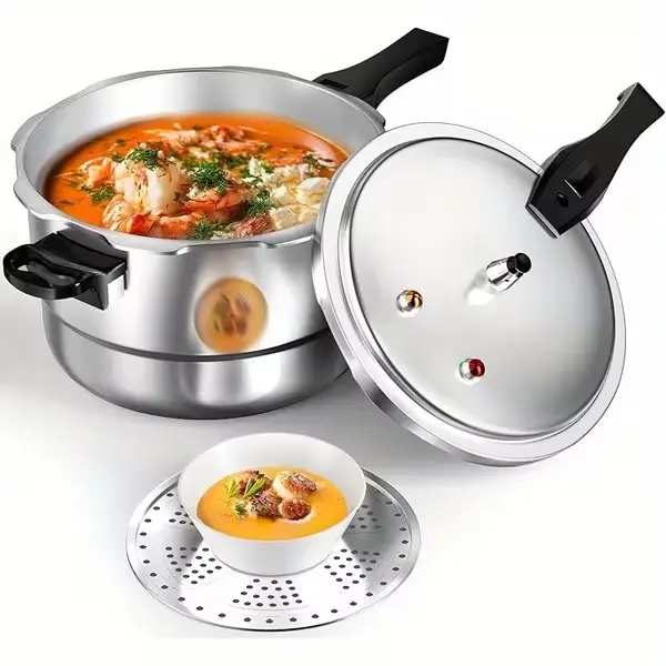 10Qt Aluminum Pressure Cooker - Induction & Gas Compatible, Safety Lock Lid with Release Valve, Includes Canning Rack