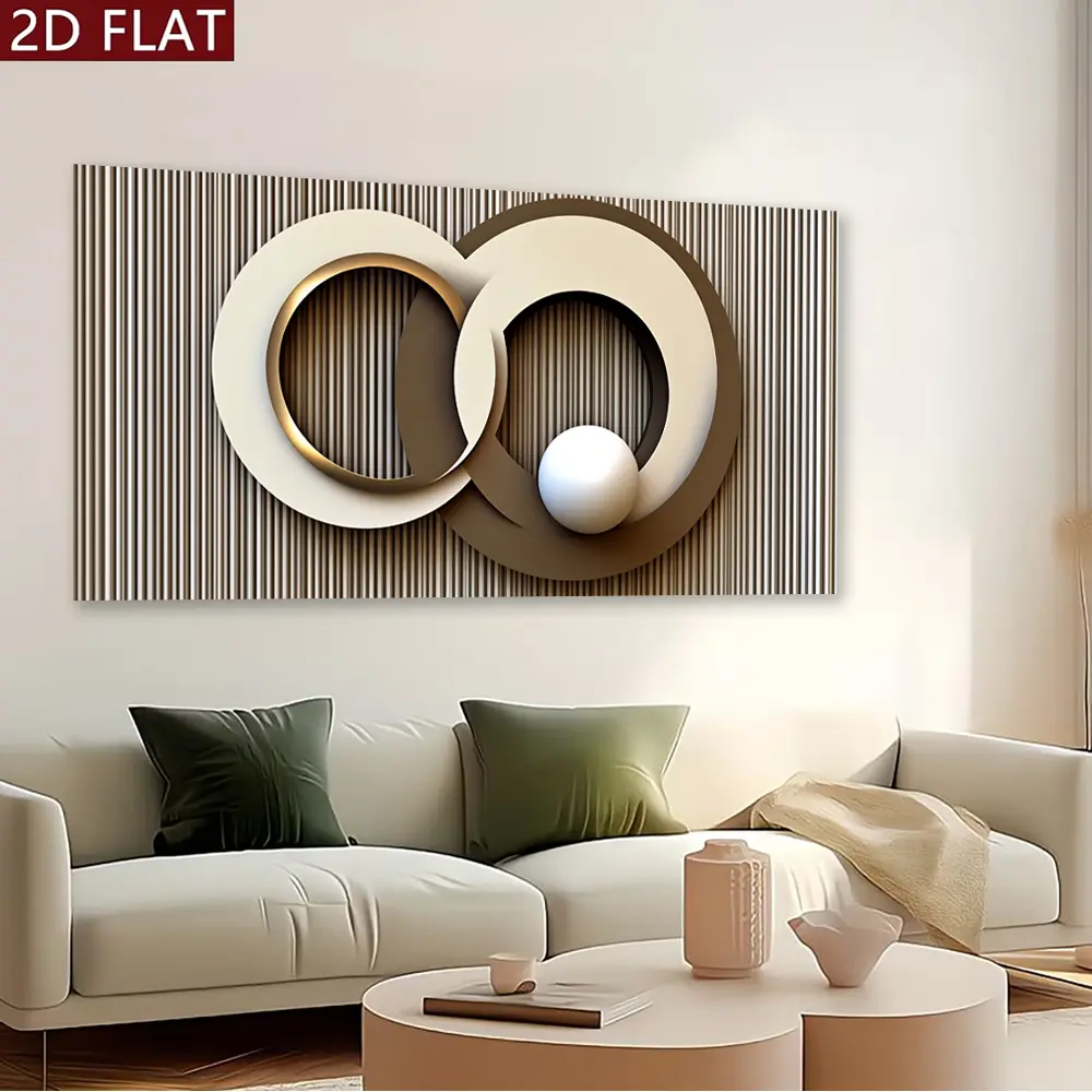 2D Flat Print Large-Scale Canvas Wall Art - Simple Abstract Geometric Interlocking Circles, Neutral Tones, for Living Room Decor, Bedroom Office Wall Decor (48x24in)