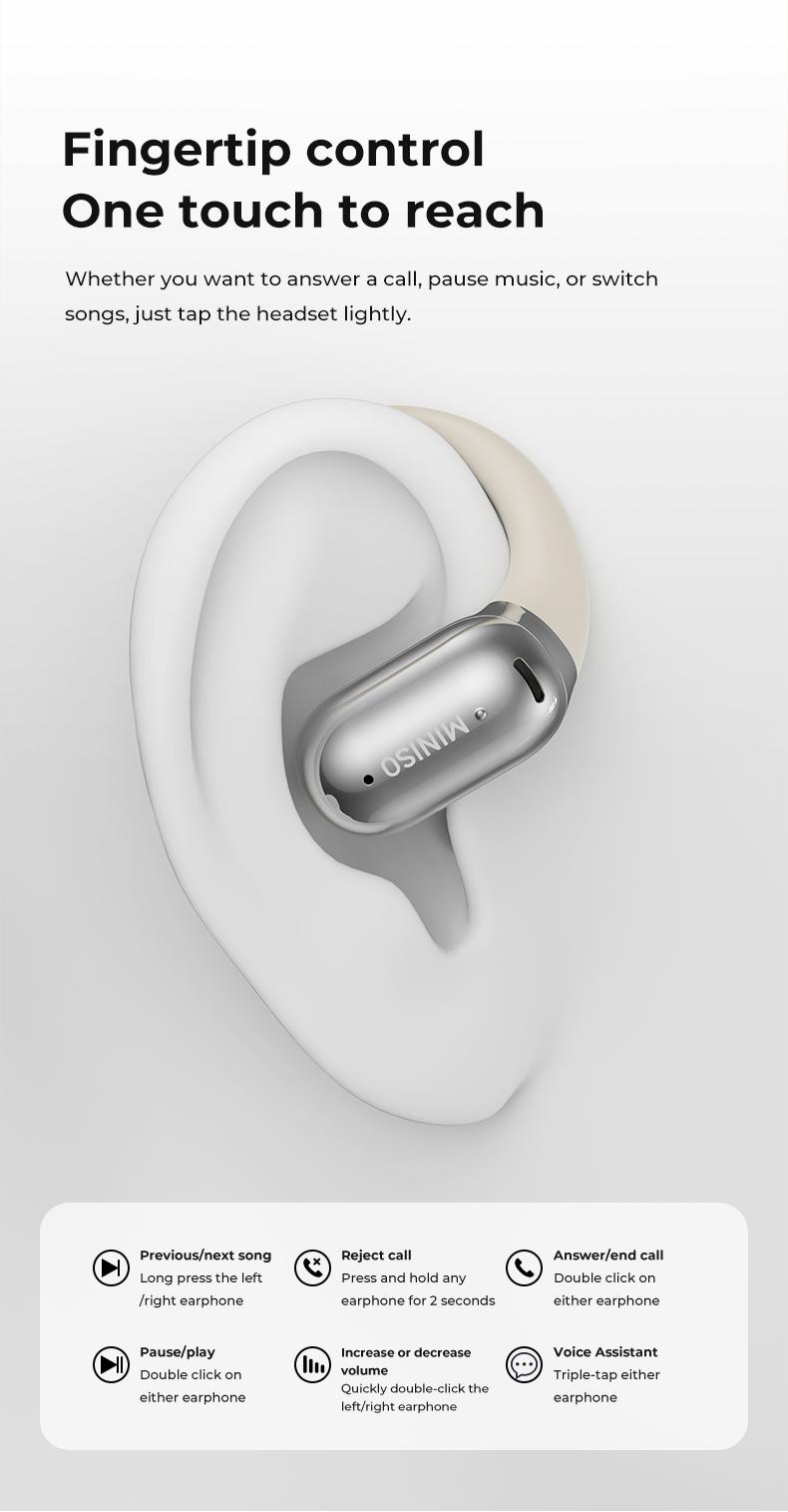 MINISO M93True Wireless Open Ear Earbuds Bluetooth 5.4 IPX5 Waterproof 48Hours Play time OWS Headphones Immersive Premium Sound Long Distance Connection Headset with Charging Case Light-Weight Headphones Built-in Microphone Earbuds