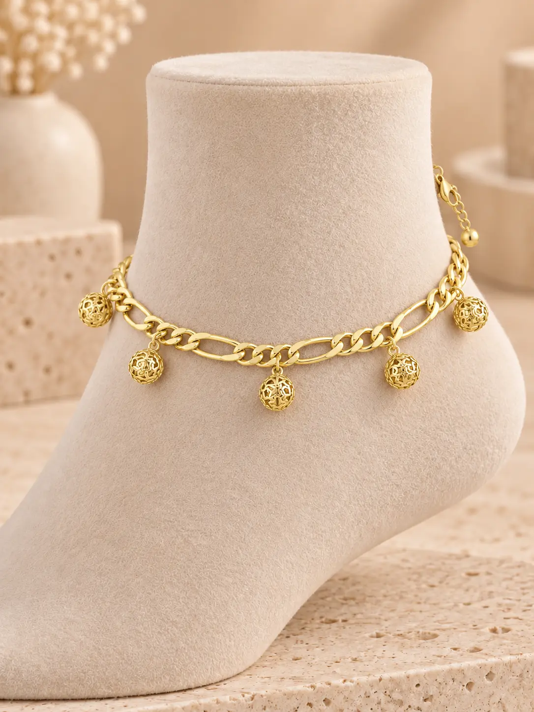 14K Gold Laminated Figaro Anklet with Filigree Ball Charms