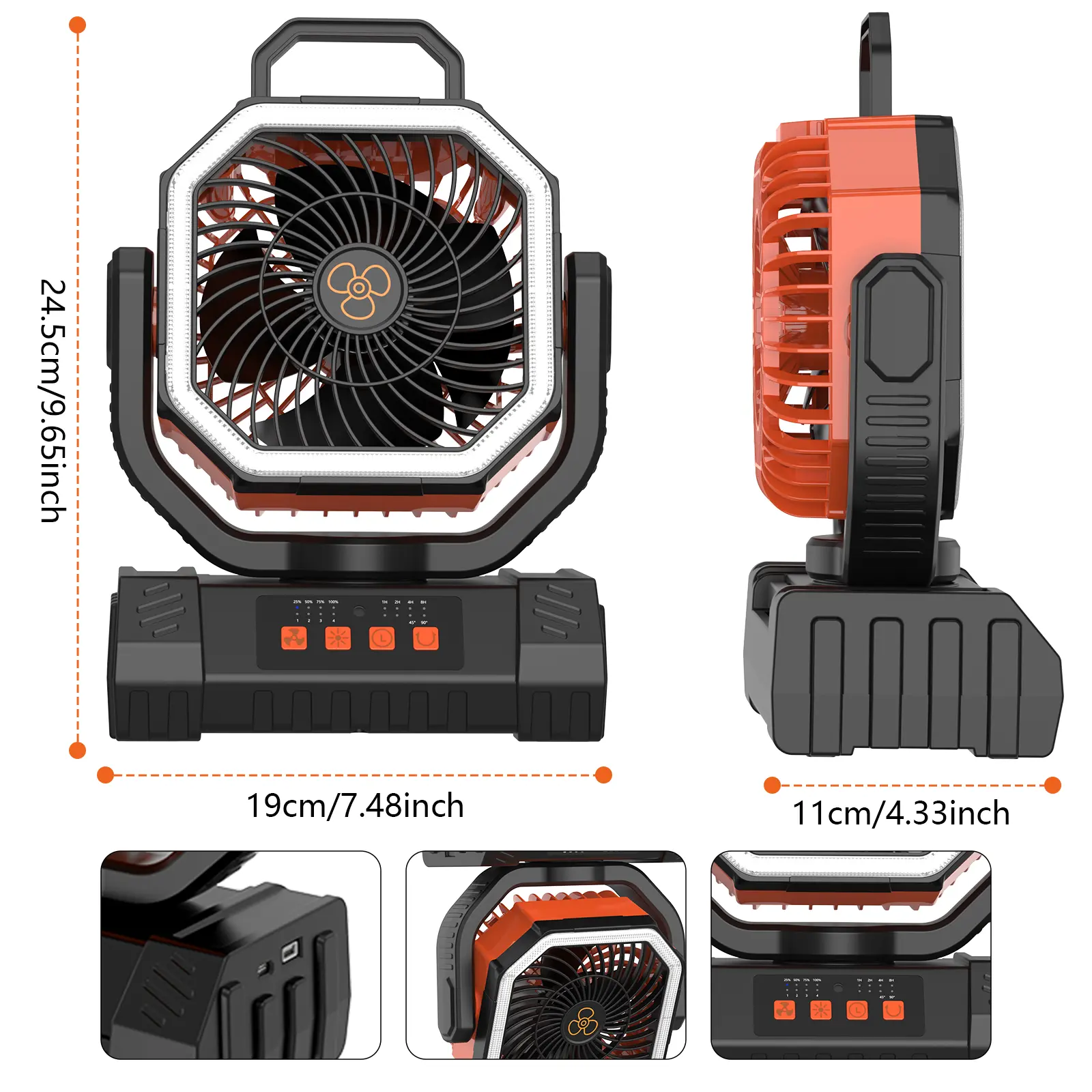 20,000mAh Camping Fan with Built-in Light—Featuring four adjustable LED brightness levels, powerful airflow, and ultra-long battery life. With its multi-speed settings and rotatable design, it is the ideal choice for tent camping and outdoor activities.