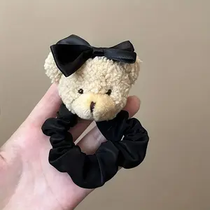 Cute Bear Hair Tie, Ponytail Holder, Fashion Bun Hair Accessory, Women's Flannel Material, Cartoon Style, Solid Color, Birthday Party Hair Decor