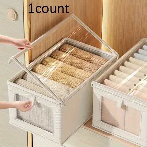 Clothes Storage Box, 1 Count Foldable Clothes Storage Organizer with Clear Lid for Bedroom and Wardrobe, Home Organizer, Fabric Storage Organizer, Clothes Storage Chest, Closet Organization, Closet Organizers, Home Organizer Boxes