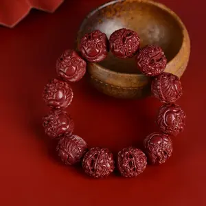 Genuine Cinnabar Beaded Bracelet, Wealth-Attracting Pixiu Bracelet for Men, Lucky Fortune-Transferring Jewelry with Round Beads