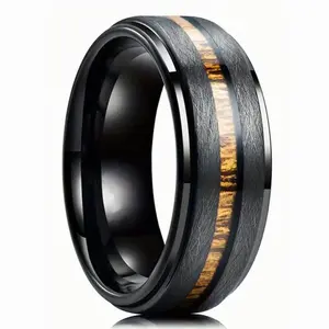 1pc Fashion Black Stainless Steel Rings For Men, Wood Inlay Matte Brushed Finish Tungsten Ring, Promise Rings Wedding Bands For Men
