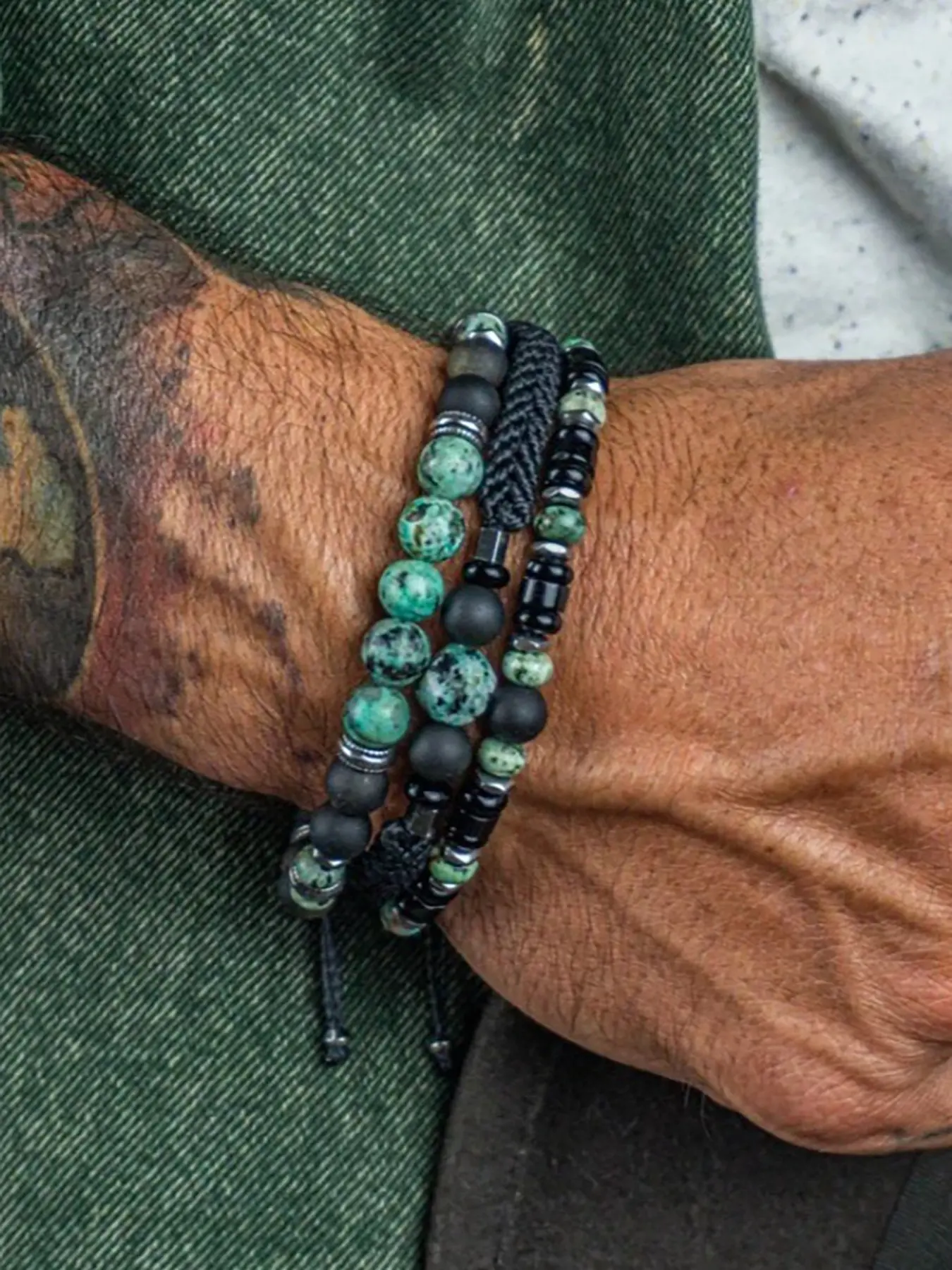 3PCS/SET Retro Ethnic Style Layered Braided Rope Africa Stone Bracelet Set for Men Stacked Black Beaded Bracelets Man Wristband Fashionable Bangle Stackable bracelets, Boho Style Bracelet, Stacking Bangles