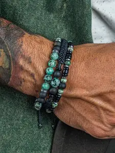 3PCS/SET Retro Ethnic Style Layered Braided Rope Africa Stone Bracelet Set for Men Stacked Black Beaded Bracelets Man Wristband Fashionable Bangle Stackable bracelets, Boho Style Bracelet