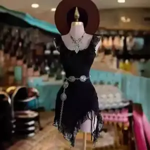 2025EuropeanAndAmericanWomen'sClothingSummerNewLaceRoundNeckSleevelessDressHemFabricPolyesterWomenswearBlackMediumPieceRuffleSkirtElegantCasual