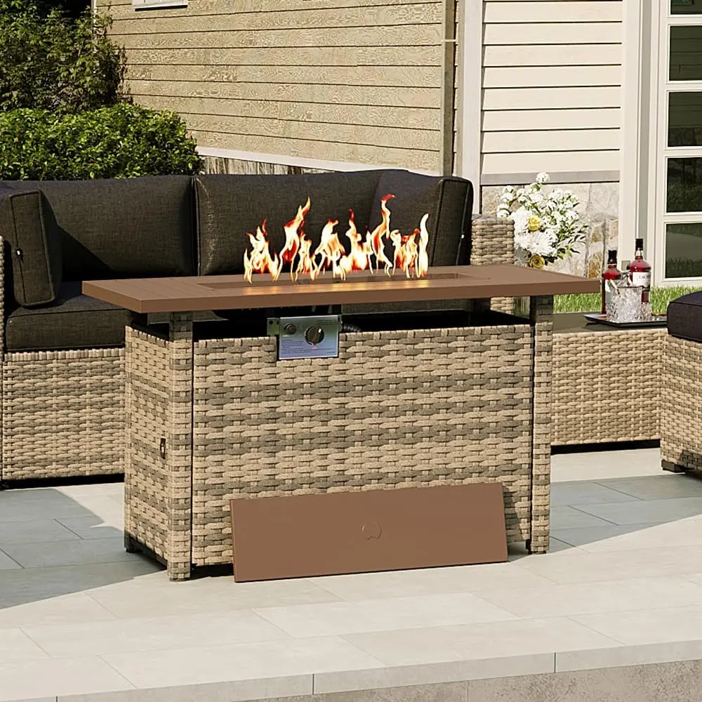 Aoxun 44in Contemporary Smokeless Eco-Friendly Wicker Look Rattan Propane Gas Fire Pit Table Set, 50000 BTU Rectangle Metal Tabletop Firepit with Glass Lid, Patio Outdoor Furniture for Backyard (Yellow&Brown)