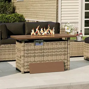 Aoxun 44in Smokeless Safety Rattan Propane Gas Fire Pit Table Set, 50000 BTU Metal Tabletop Firepit with Lid, Patio & Outdoor Furniture Sets for Backyard (Yellow&Brown)