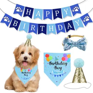 Pet Dog Cat Birthday Party Decoration Pull Flag Bow Tie Hat Towel Set, Pet Supplies Kit for Celebrations, Puppy Party Supplies, Cute and Festive Accessories