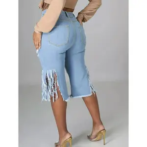 [Soft Washed Plus Size Capris] Stretchy Plus Size High-Waist Distressed Denim Capris - Soft Washed Blue, Street Style Mid-Length Jeans, Casual Wear with Fringe Hem & Raw Hem Design Womenswear Bottom Streetwear Fabric