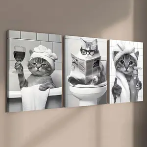3-count wooden frame canvas, fun theme creative posters for animal bathrooms, perfect living room and bedroom decoration, fashionable family posters, modern wall art