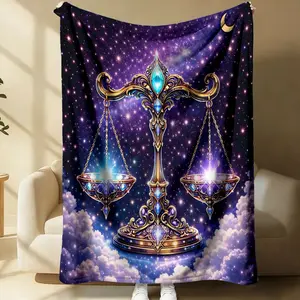 Rhinestone-Studded Libra Print Flannel Throw Blanket, Starry-Sky Themed Throw Blanket, Astrology Themed, Soft and Fluffy, Warm, Outdoor Activities, Gift, Living Room, Camping, Travel