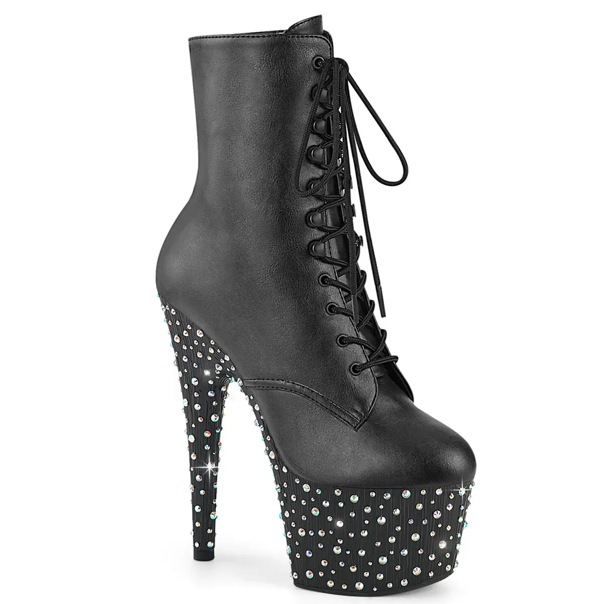 Pleaser Stardance-1020 Women's Chic Synthetic Ankle Height Platform Ankle Boot, Black Vegan Leather, 7" Block Heel, Multicolor Rhinestone Platform, Lace-Up, Evening Footwear, Statement Shoes