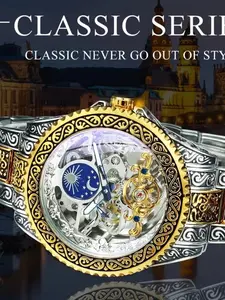 Men's Luxury Vintage Automatic Mechanical Watch, Glow Hands, Moon Phase Display, Rotatable Bezel, Stainless Steel Strap