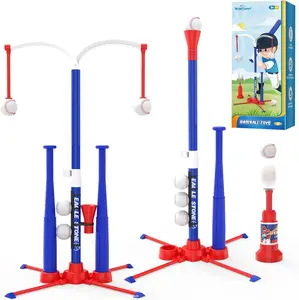 3-in-1 Kids Tee Ball Set with 2 Baseball Bats, Adjustable Batting Tee, Hanging Tee & Ball Launcher, Indoor Outdoor Sports Toy for Ages 3-8